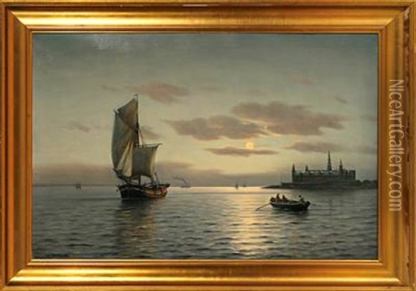 Marine With Sailing Ships Off The Coast Of Elsinore Castle Oil Painting - Johan Jens Neumann