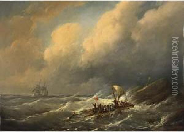 Figures On A Raft In Rough Seas Oil Painting - Christiaan Cornelis Kannemans