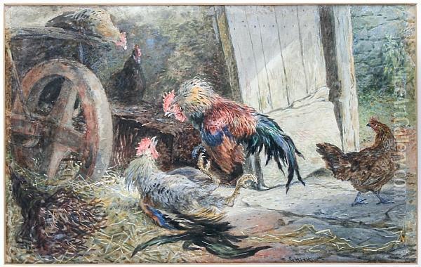 Cockerels And Hens In A Barn Oil Painting - George Arthur Hickin