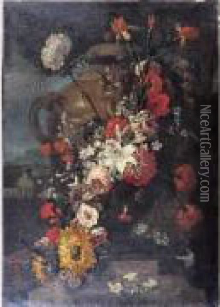 Bouquet De Fleurs Contre Un Vase De Pierre Oil Painting - Gaspar-pieter The Younger Verbruggen