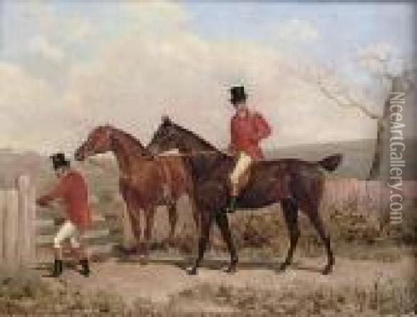 Two Huntsmen And Their Horses At A Gate Oil Painting - James Thomas Wheeler
