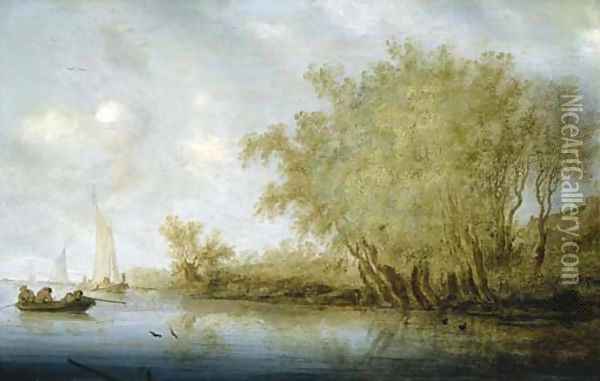 A wooded river landscape with duck hunters in the foreground and sailing boats beyond Oil Painting - Salomon van Ruysdael