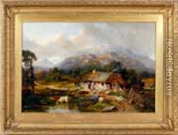 Mountainside Hamlet With Figures, Farm Animals And Cottages In A Landscape Oil Painting - James Hall Cranstoun