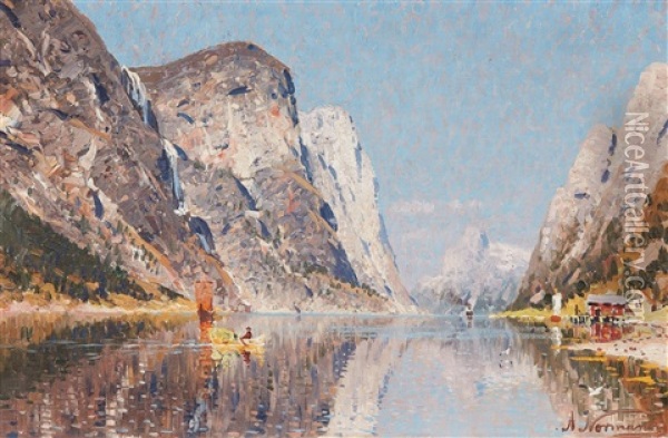 Fjordlandschaft Mit Dampfschiff, Segel- Und Ruderboot Oil Painting - Adelsteen Normann