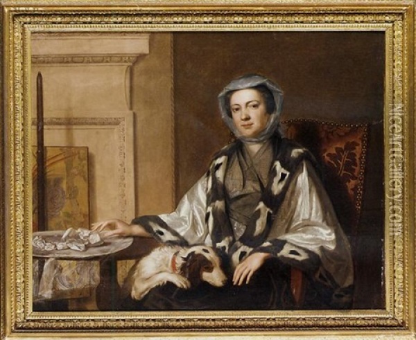 Portrait Of Mrs. Neate, Of Donnington, Hampshire, In An Embroidered Silver Shawl Trimmed With Fur, Seated By A Table With A Spaniel On Her Lap, In An Interior, Beside A Polescreen Oil Painting - George Knapton