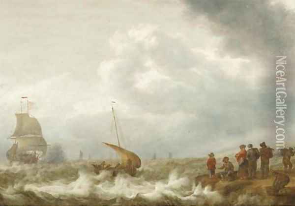 Shipping off the coast in a stiff breeze, figures on the shoreline in the foreground Oil Painting - Cornelis Stooter