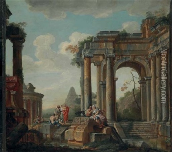 A Capriccio Of Classical Ruins, The Pyramid Of Cestius And Temple Of The Sibyl Beyond Oil Painting - Giovanni Paolo Panini