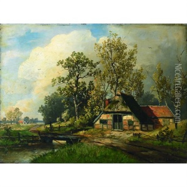 A Winter Landscape With A Cottage By A Stream Oil Painting - Karl Schultze