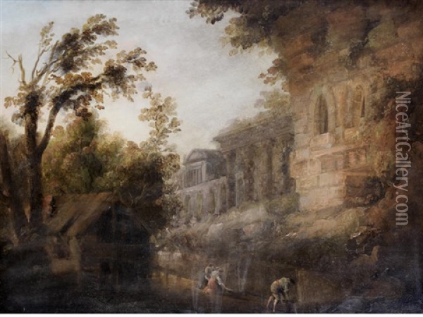 Capriccio Of Ruins With Figures Washing Clothes At A River In The Foreground Oil Painting - Hubert Robert