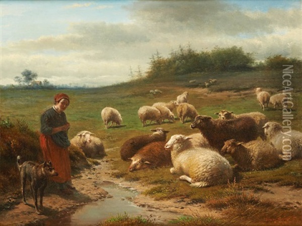 Bergere, Son Chien Et Son Troupeau De Moutons Oil Painting - Frans Lebret