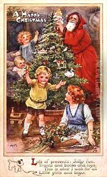 Children with the Christmas Tree Oil Painting - A.L. Bowley