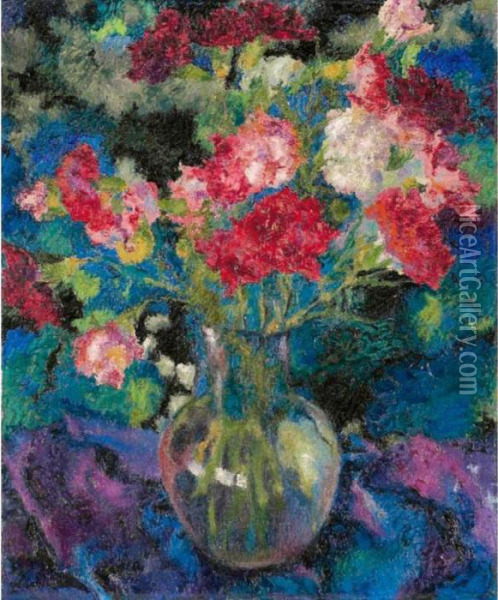 Carnations In A Round Glass Vase In Front Of A Blue Background Oil Painting - Augusto Giacometti