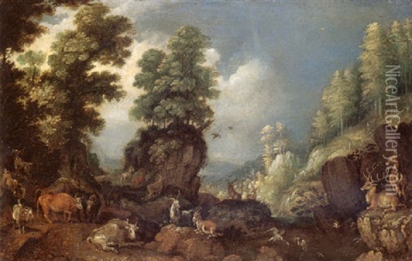 A Rocky Wooded Landscape With Cattle, Goats And Deer Oil Painting - Roelandt Savery