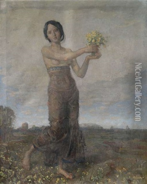 Madchen Mit Blumensraus Als Allegorie Des Fruhlings Oil Painting - Christian Landenberger