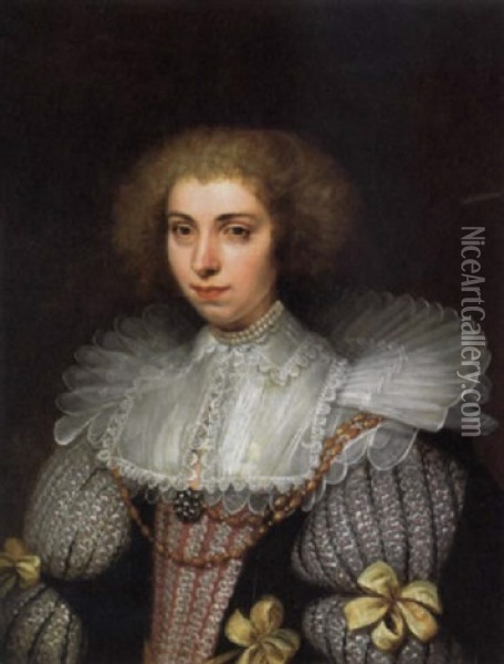 A Portrait Of A Lady In A Beaded Dress Oil Painting - Dirck Dircksz van Santvoort