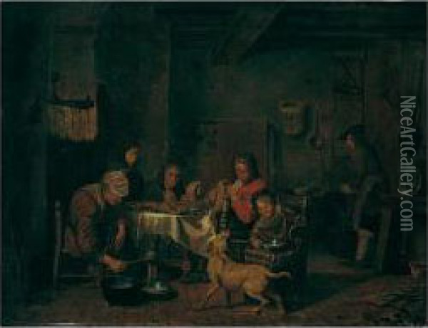 A Family Eating And Drinking In An Interior Oil Painting - Jan Jozef, the Younger Horemans