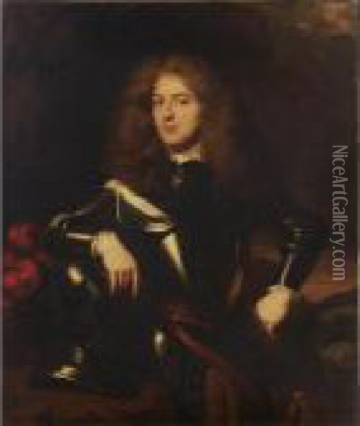 A Portrait Of Joseph Hieronymus 
Hoeufft (1657-1700) At The Age Of 22, Standing Three-quarter Length, 
Wearing Armour, In A Park Setting Oil Painting - Nicolaes Maes