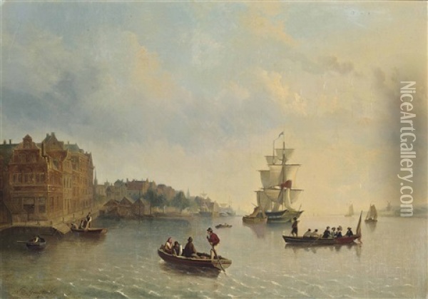 A British Armed Merchantman And Local Craft On The Upper Reaches Of The Scheldt Oil Painting - Willem Gruyter The Younger