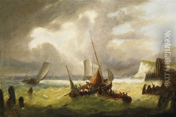 Fischerboote Auf Bewegter See An Bretonischer Kuste Oil Painting - Charles Louis Mozin