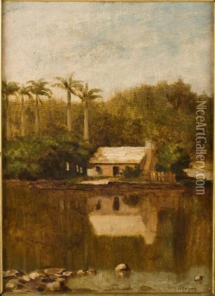 Untitled, House In Southern River Landscape With Palm Trees Oil Painting - Herman Herzog