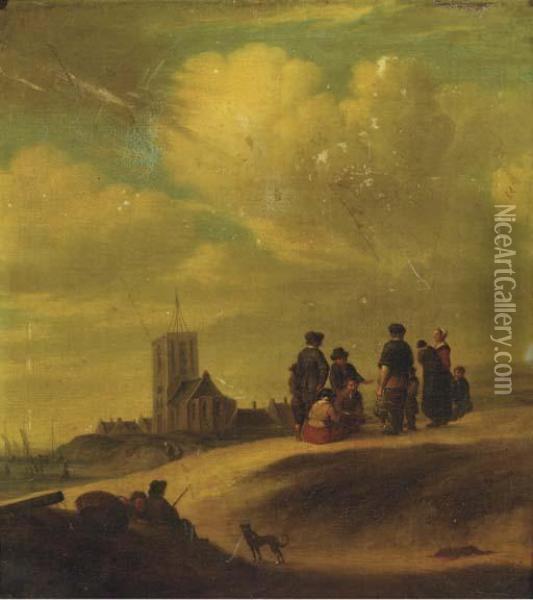 Fishermen And Townsfolk On The Beach At Egmond Aan Zee Oil Painting - Jan van Goyen