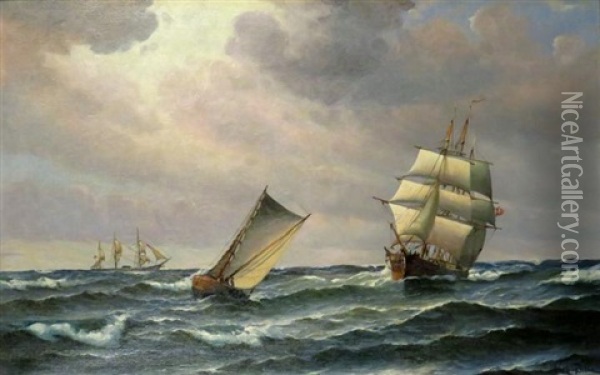 Small Trading Vessel Under Sail And Other Crafts Oil Painting - Vilhelm Victor Bille