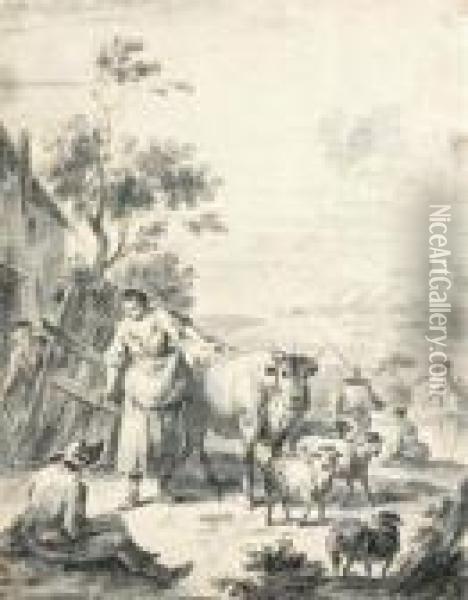 A Milkmaid With Cattle And Sheep Oil Painting - Giuseppe Zais