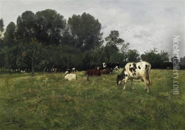 Kuhe Auf Der Weide Am Waldrand Oil Painting - Adolf Lins