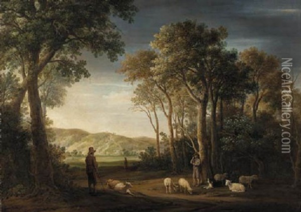 A Wooded Landscape With Shepherds And Their Flocks In A Clearing Oil Painting - Jacob Van Der Croos