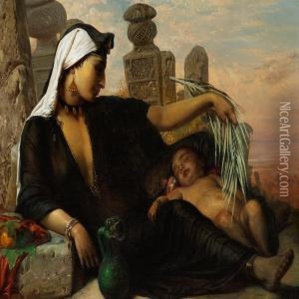 A Fellah Woman And Her Baby Are Taking A Rest In The Midday Heat Oil Painting - Anna Maria Elisabeth Jerichau-Baumann