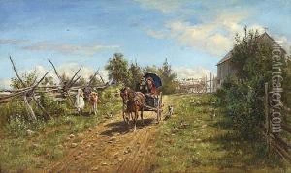 Horse-drawn Carriage With Man In
 A Hat And Woman In A Bonnet, With Chicken And Dogs On One Side Of The 
Path And A Girl And Calf On The Other. Oil Painting - Edward Lamson Henry