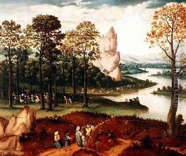 An extensive wooded river landscape with St John the Baptist preaching Oil Painting - Cornelis Massys