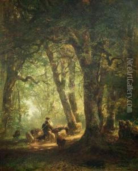 Woods Inside With Aherdsman And His Flock Oil Painting - Carl Ebert