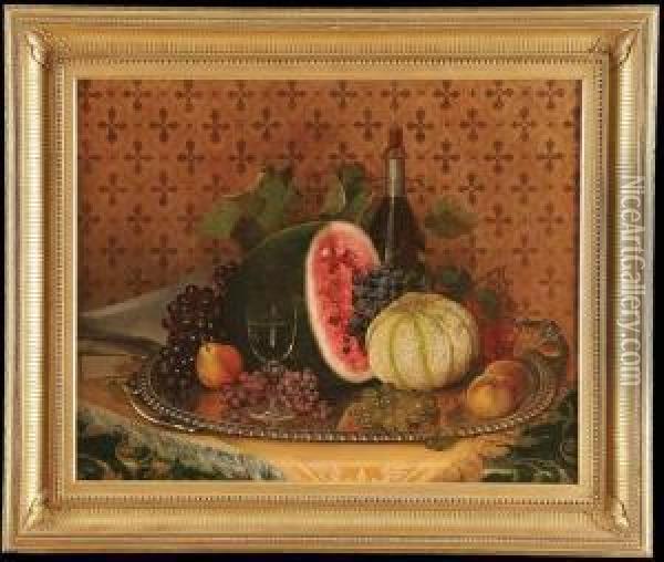 Still Life With Watermelon, Grapes, Peaches And Pears Oil Painting - William Mason Brown