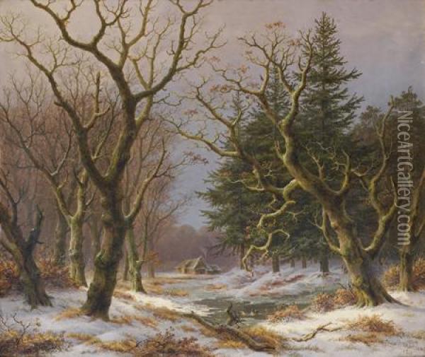 Paysage D'hiver Avec Des Canards Oil Painting - Caesar Bimmermann