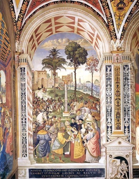 No. 5 Enea Silvio Piccolomini Presents Frederick III to Eleonora of Portugal Oil Painting - Bernardino di Betto (Pinturicchio)