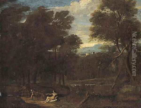 Cupid and Venus in a classical landscape Oil Painting - Gaspard Dughet