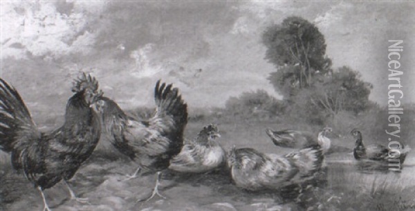 Poultry In A Landscape Oil Painting - Cornelis van Leemputten