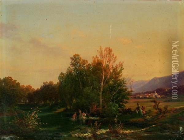 Badende Frauen (+ Badender Und Fischer In Seinem Boot; Pair) Oil Painting - Pietro Marzorati