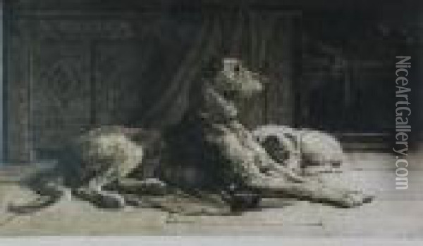 Interior With Recumbent Hound And Terrier Oil Painting - Herbert Thomas Dicksee