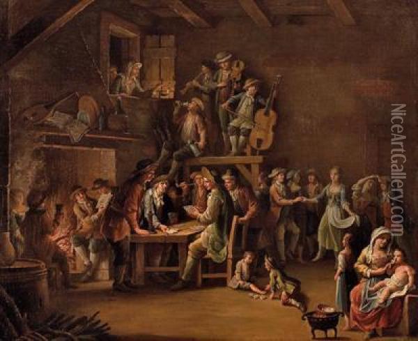 Im Wirtshaus Mit Kartenspielern,tanzern Und Musikanten Oil Painting - Giovanni Battista Colombo
