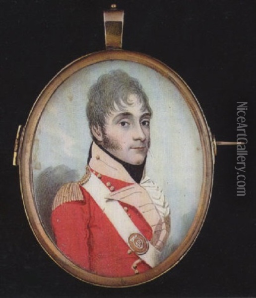 A Young Officer Wearing The Uniform Of The 48th Regiment Of Foot, Scarlet Coat, Gold Epaulette, White Sword Belt, Black Stock And Frilled White Cravat Oil Painting - Frederick Buck