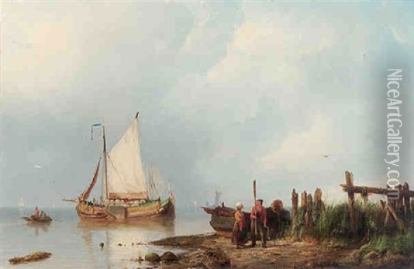 Unloading The Catch Oil Painting - Pieter Cornelis Dommershuijzen
