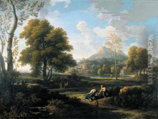 Classical Landscape With Resting Figures And A Lakeside Town Beyond Oil Painting - Jan Frans van Bloemen