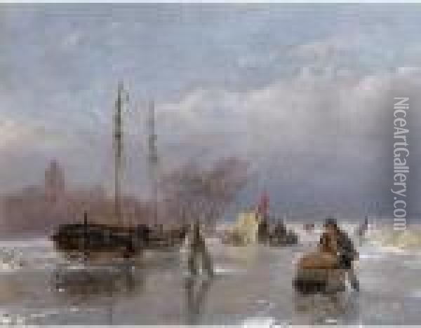 Skaters On The Ice With A Koek En Zopie In The Distance Oil Painting - Andreas Schelfhout