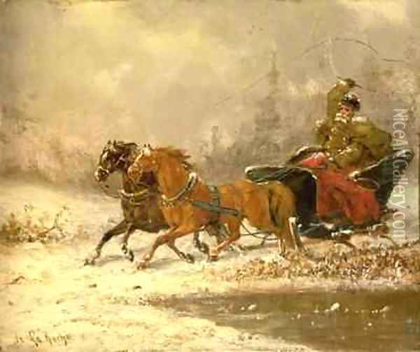 Returning Home in Winter Oil Painting - Charles Ferdinand De La Roche