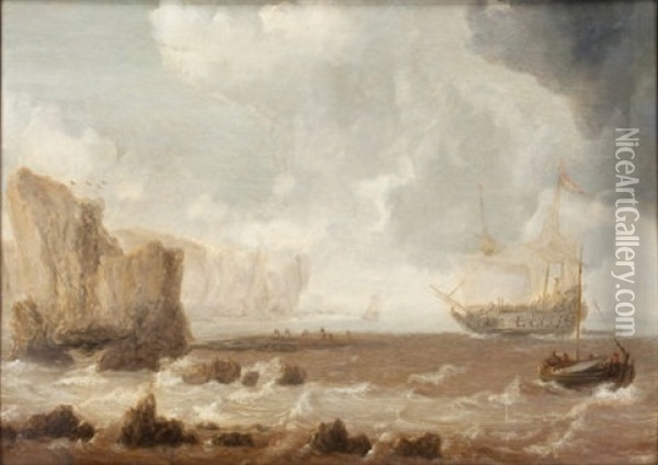 A Dutch Battleship And Sailing Boats In Choppy Seas Near A Rocky Coast Oil Painting - Bonaventura Peeters the Elder