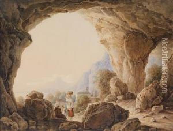 A View From A Grotto To An Italian Coastal Landscape Oil Painting - Georg Von Gaal