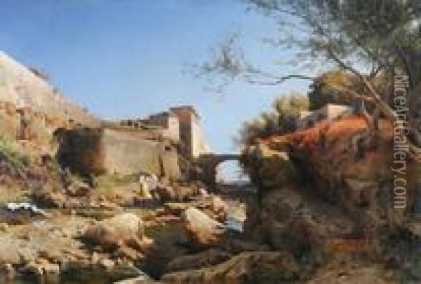 Wascherinnen An Einem Fluss Bei Genua Oil Painting - Arthur Jean Bapt. Calame