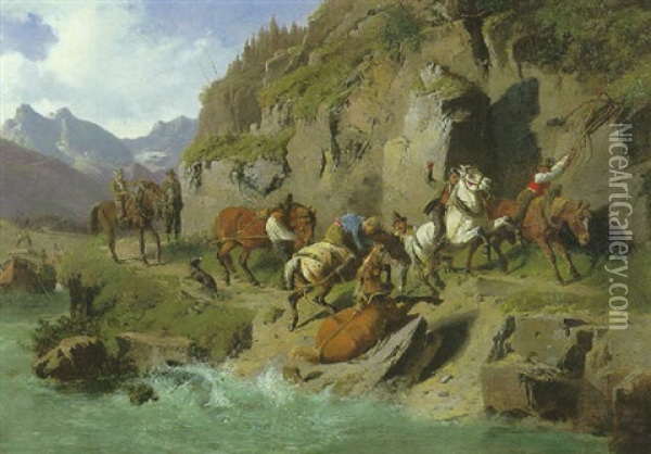 Treidelknechte Mit Pferden Auf Dem Leinpfad Am Flusufer Beim Schleppen Von Lastkahnen (inn-tal?) Oil Painting - Ludwig Hartmann